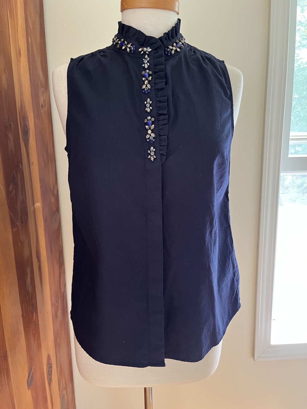 J. Crew Navy Sleeveless Ruffle Collar Blouse with Jewel Embellishments